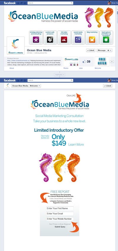 Ocean Blue Media Custom Facebook Timeline Cover & Welcome App with View for Business Pages