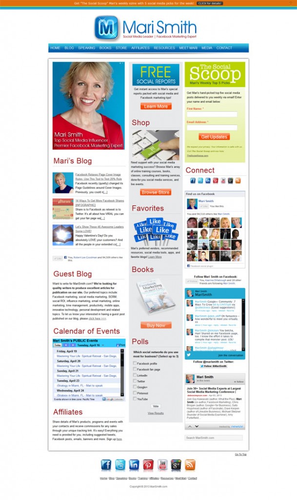 Mari Smith 2013 Custom Wordpress Site and Blog with a stunning social media presence and magazine style layout designed by www.CustomTwit.com