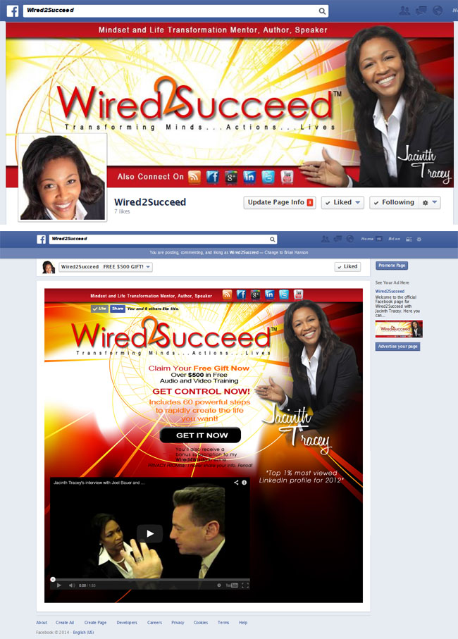 Wired2Succeed with Jacinth Tracey Custom Facebook Timeline Cover, seamless Facebook Avatar and Facebook Landing Page with Like Button